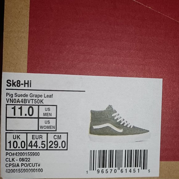 Vans Men's 11 Sk8-Hi Pig Suede Grape Leaf Green/White VN0A4BVT50K - Picture 4 of 14